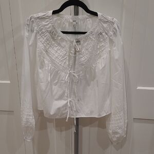 aerie White Lace-Trim Tie-Front Peasant Blouse